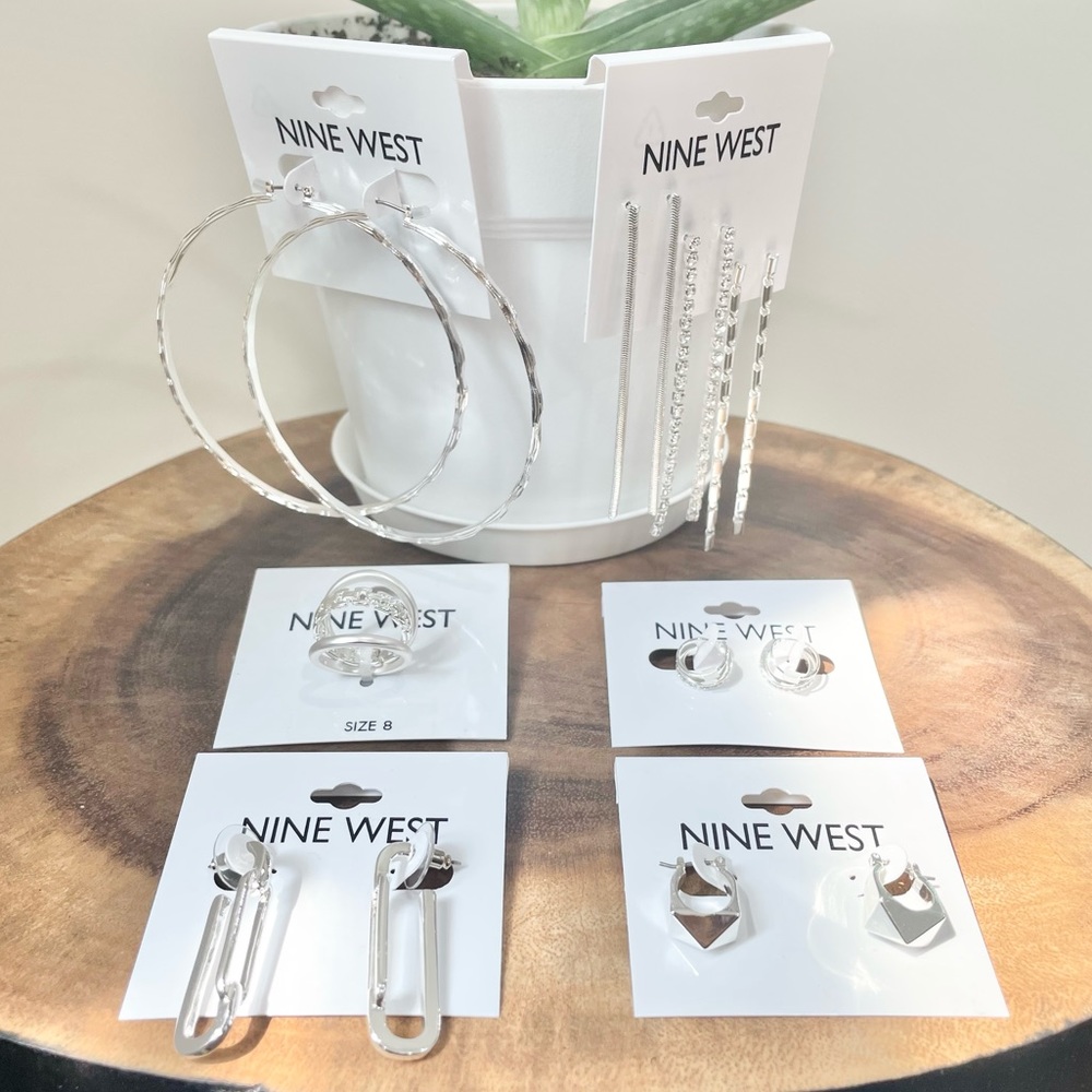 Nine West oversize silver hoops, silver rings size 8, and earrings